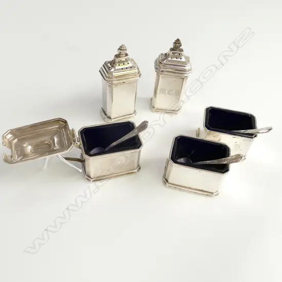 5 PC STERLING CRUET SET WITH 3 SPOONS ADIE BROS BIRMINGHAM + 1 SALT 1930 + ALL OTHER PCS 1931 MONOGRAMMED BLUE GLASS 