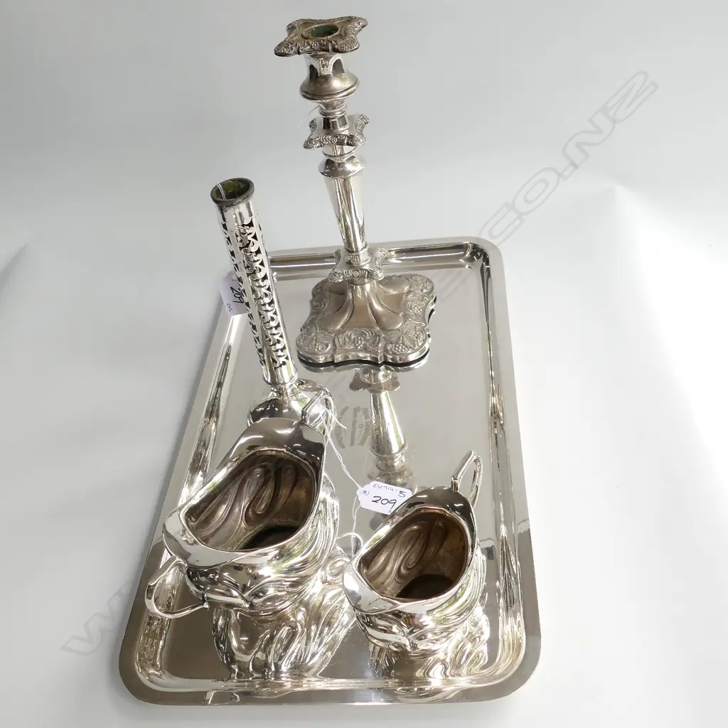 SILVER PLATE CANDLESTICK/SPILL VASE (NO LINER)/SILVER PLATE TRAY/SILVER PLATE CREAM & SUGAR Image 1++