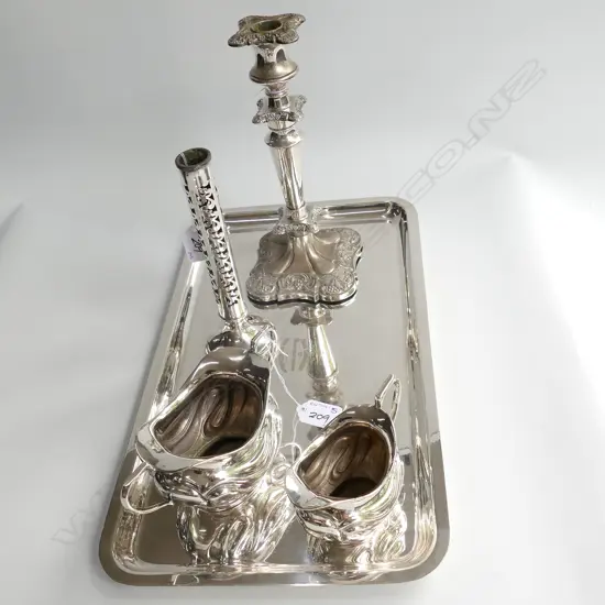 SILVER PLATE CANDLESTICK/SPILL VASE (NO LINER)/SILVER PLATE TRAY/SILVER PLATE CREAM & SUGAR