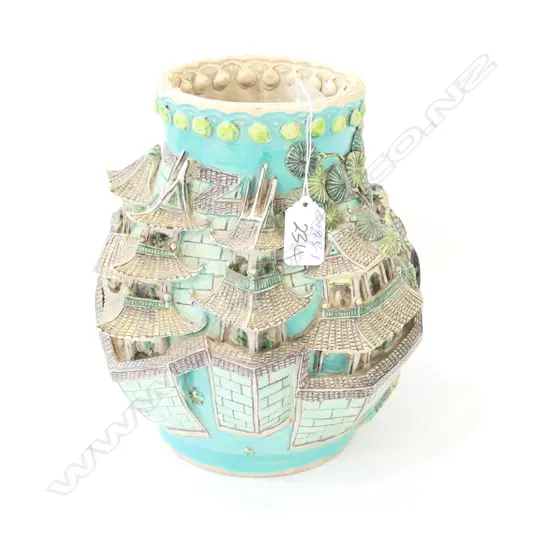 OLD CHINESE VASE IN HIGH RELIEF BUILDINGS ETC