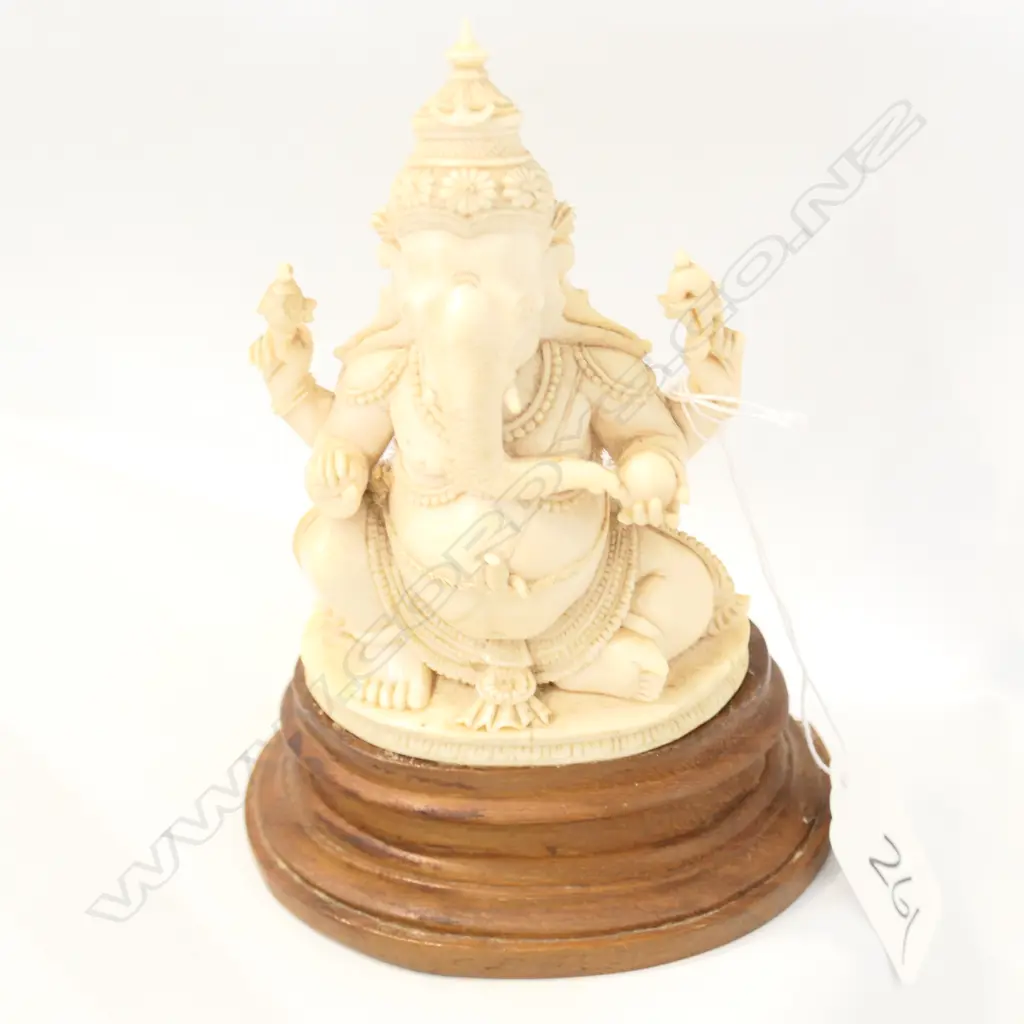 CARVED IVORY INDIAN GANESH FIGURE WOOD BASE Image 1++