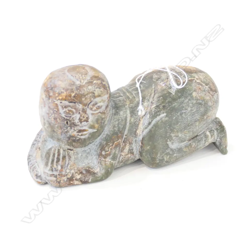 CHINESE ANCIENT STYLE CARVED JADE BOY KNEELING L.135mm Image 1++