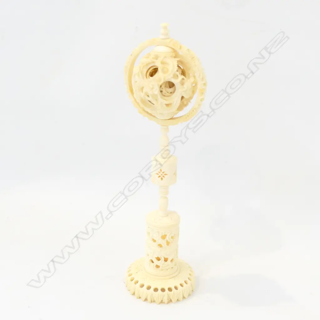 OLD CHINESE CARVED IVORY PUZZLE BALL ON STAND Image 1++