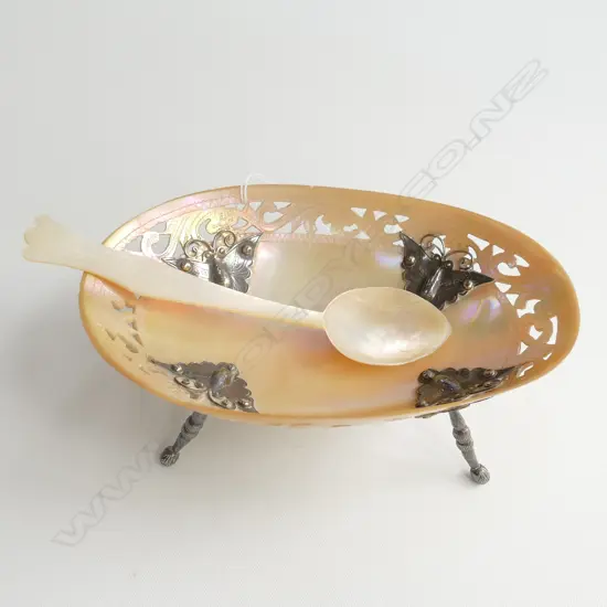 VINTAGE SILVER & MOP SHELL DISH + SPOOM