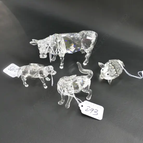4 SWAROVSKI ORNAMENTS 2 COWS ,1 CAT & 1 PIG (BROKEN TAIL), BIGGEST L.110MM.