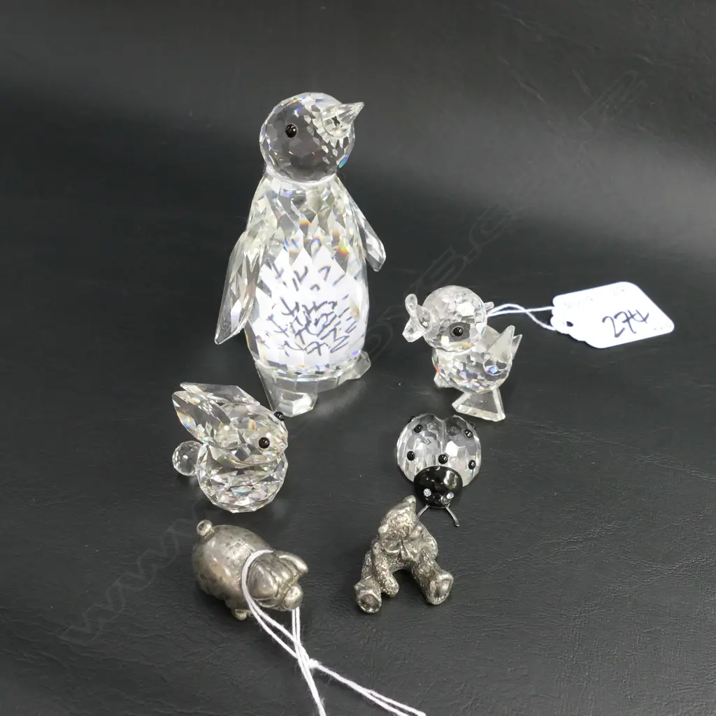 4 SWAROVSKI ORNAMENTS PENGUIN H.90MM, DUCK LADYBUG & RABBIT + 2 SMALL PEWTER ANIMALS Image 1++