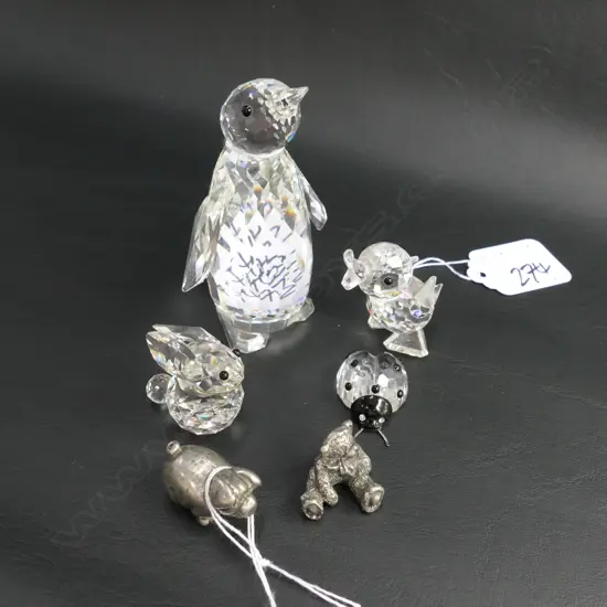 4 SWAROVSKI ORNAMENTS PENGUIN H.90MM, DUCK LADYBUG & RABBIT + 2 SMALL PEWTER ANIMALS