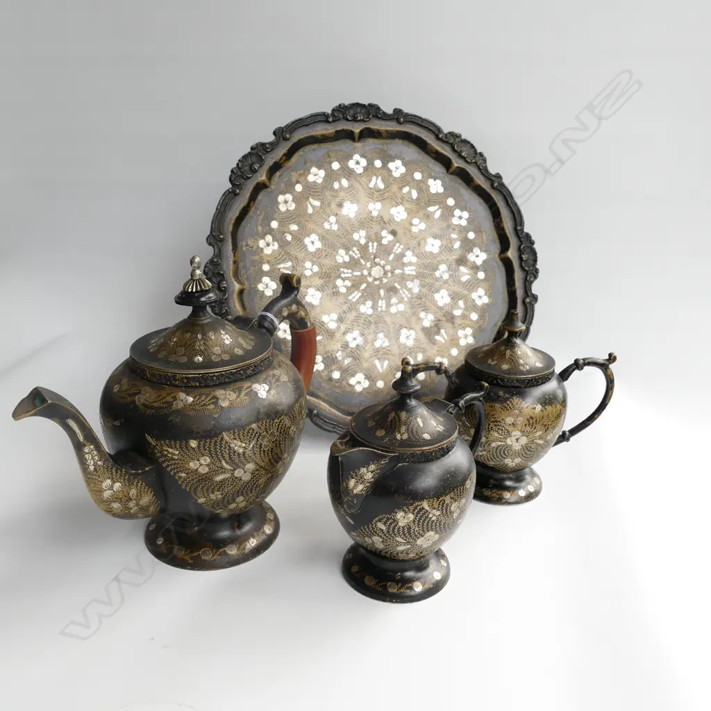 BLACK ETCHED TEA SET; TEAPOT, MILK, SUGAR, TRAY Image 1++