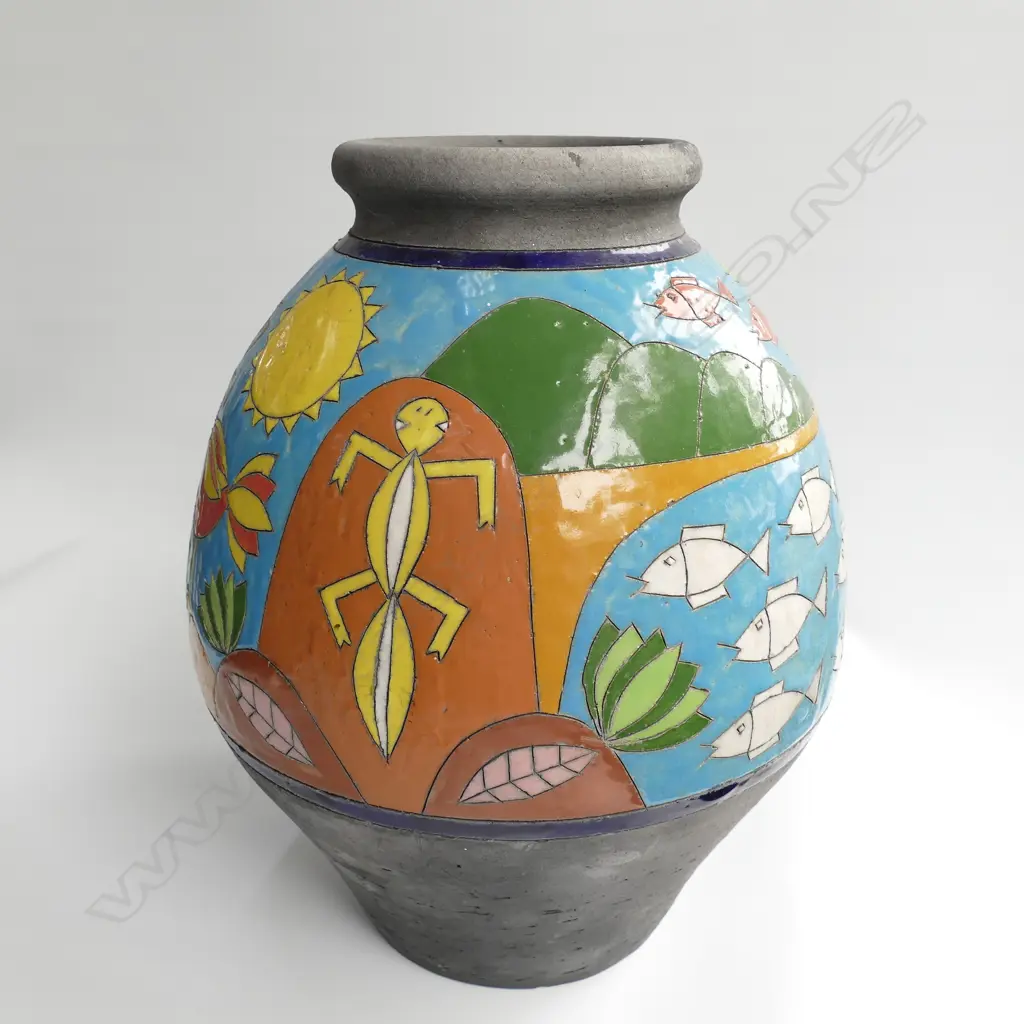 NZ STUDIO POTTERY VASE BRIGHTLY GLAZED RAKU Image 1++