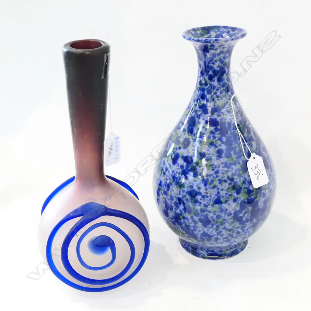 TWO BLUE VASES; ONE CERAMIC ONE GLASS 270MM H Image 1++