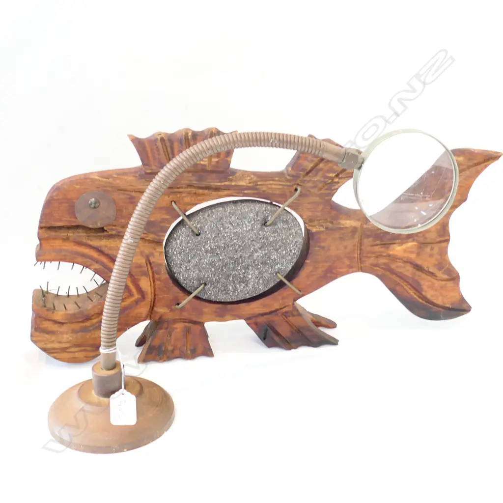 CARVED WOODEN FISH 500MM L AND MAGNIFYING GLASS ON STAND Image 1++
