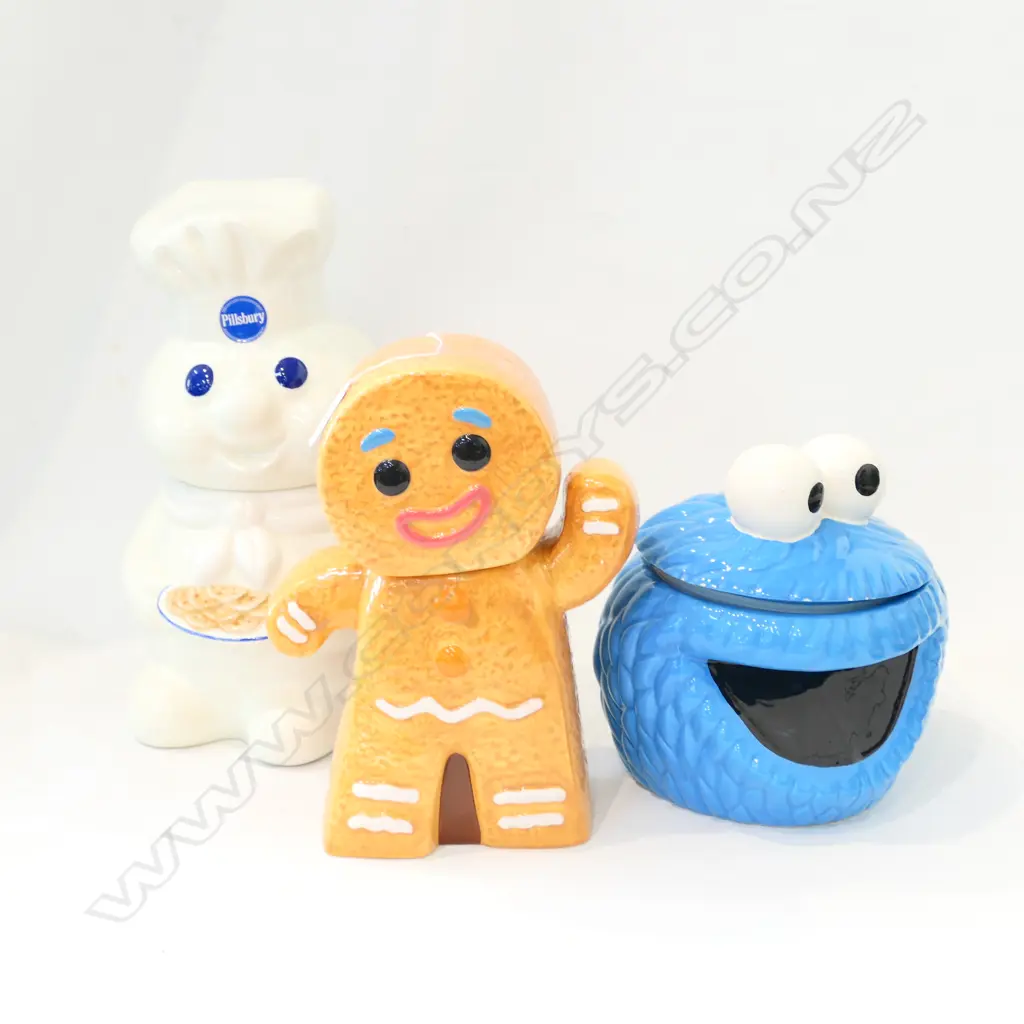 3 BISCUIT CONTAINERS; PILLSBURY MAN, GINGERBREAD MAN, COOKIE MONSTER Image 1++
