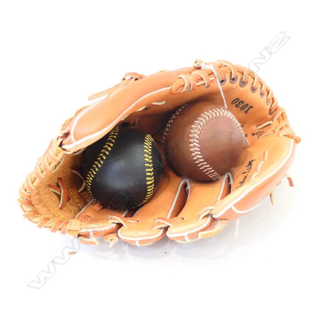 SOFTBALL GLOVE AND TWO LEATHER BALLS Image 1++