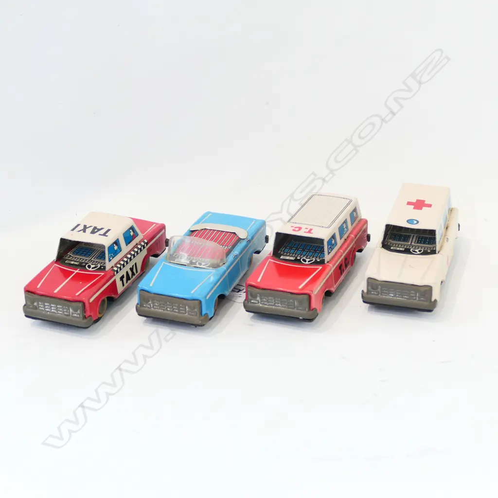4 TIN CARS; CONVERTABLE, AMBULANCE, T.C. & TAXI Image 1++