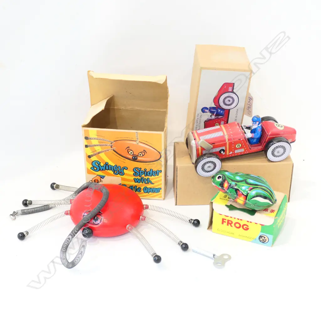 3 TIN TOYS; RACE CAR, JUMPING FROG, SWINGY SPIDER ALL BOXED Image 1++
