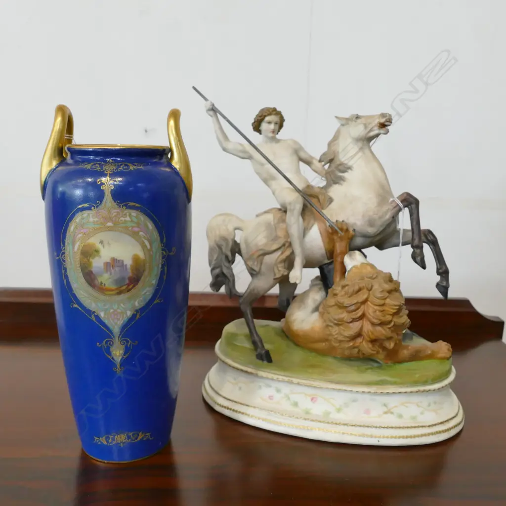 FIGURINE OF MAN ON HORSE SLAYING LION 300MM H AND ROYAL WORCESTER BLUE VASE 240MM H Image 1++