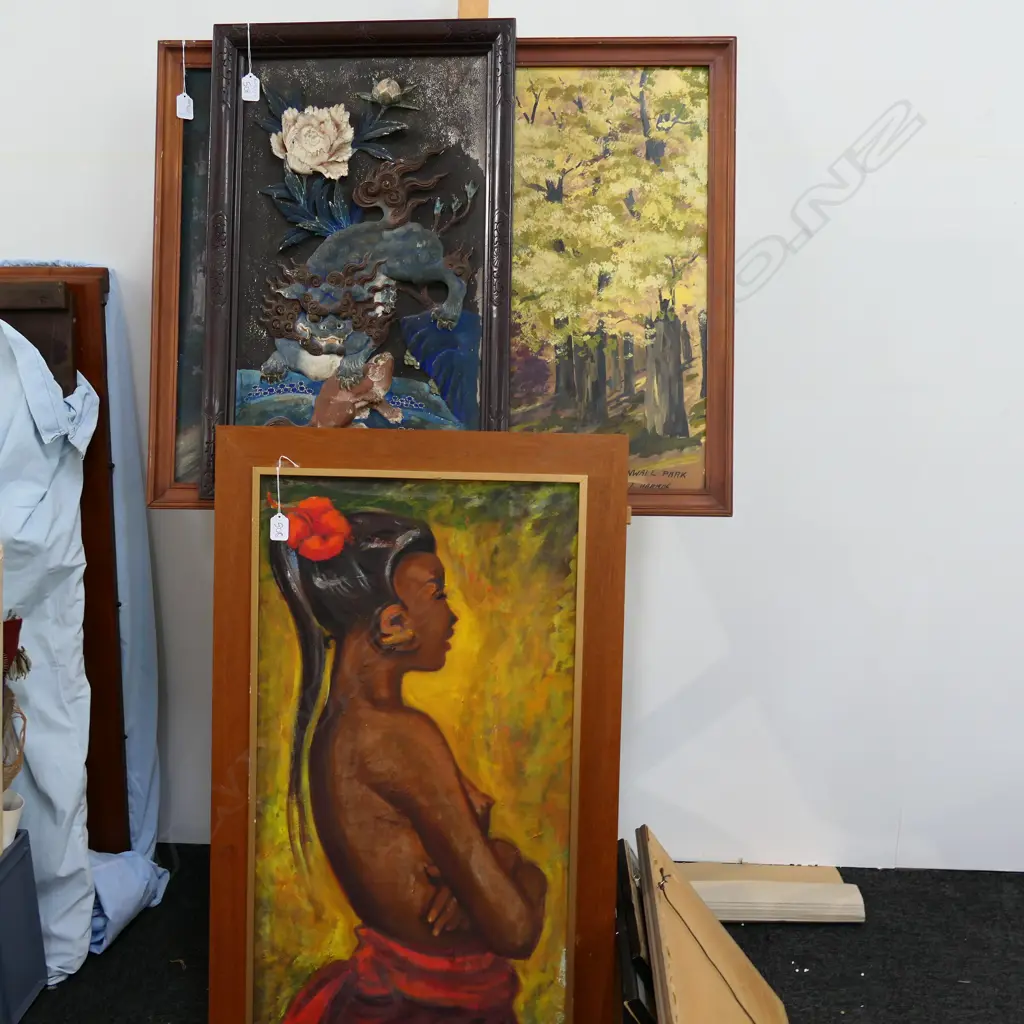3 ARTWORKS; CORNWALL PARK ACRYLIC, ORIENTAL PANEL AND BALINESE WOMAN SIGNED & DATED '63 960 X 555MM Image 1++