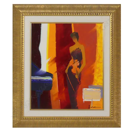 EMILE BELLET 'LA VIOLINISTE ROUGE' SERIGRAPH IN COLOUR WITH HAND EMBELLISHMENT ON CANVAS, 2003, SIGNED, WITH CERTIFICATE