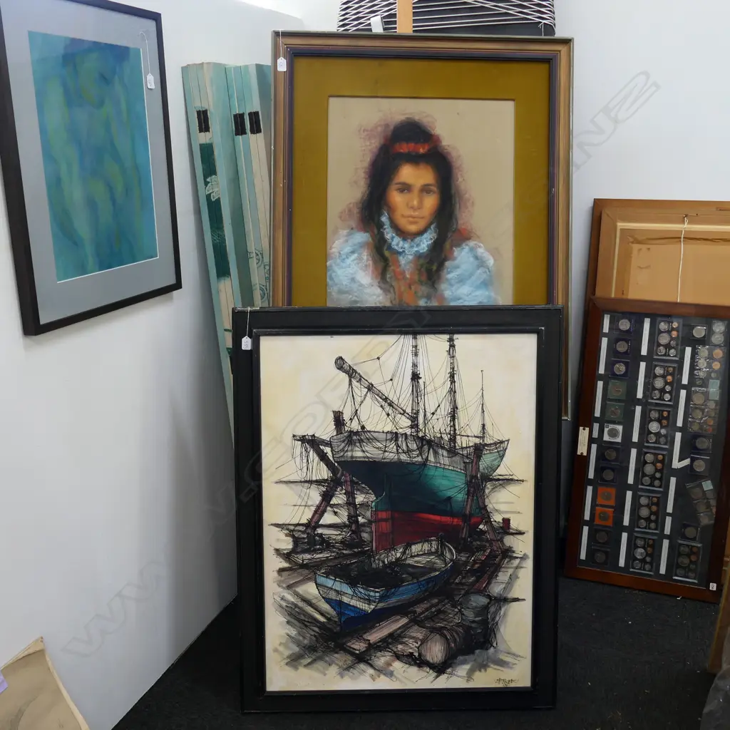 2 LARGE ARTWORKS; OIL ON CANVAS BOATS AND PASTEL WOMAN 1090 X 840MM Image 1++