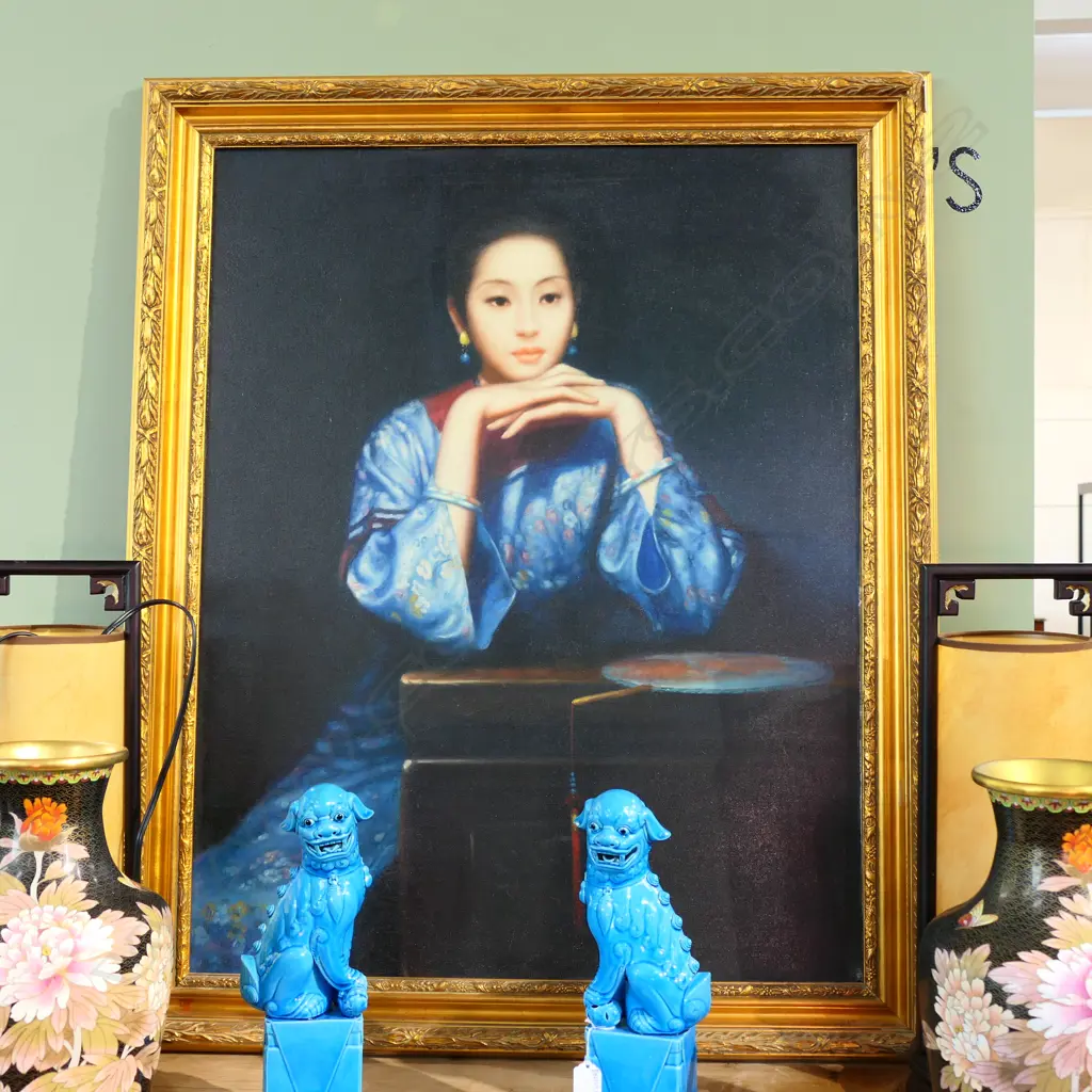 PORTRAIT OF A YOUNG CHINESE WOMAN WITH FAN, OIL ON CANVAS. 720 X 910mm IN GILT FRAME Image 1++