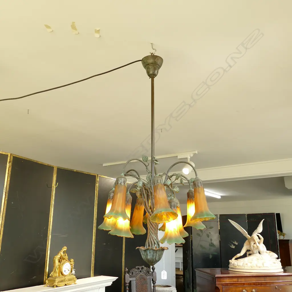 ART NOUVEAU STYLE  BRASS & COLOURED GLASS CHANDELIER  WORKING - GLASS A/F Image 1++