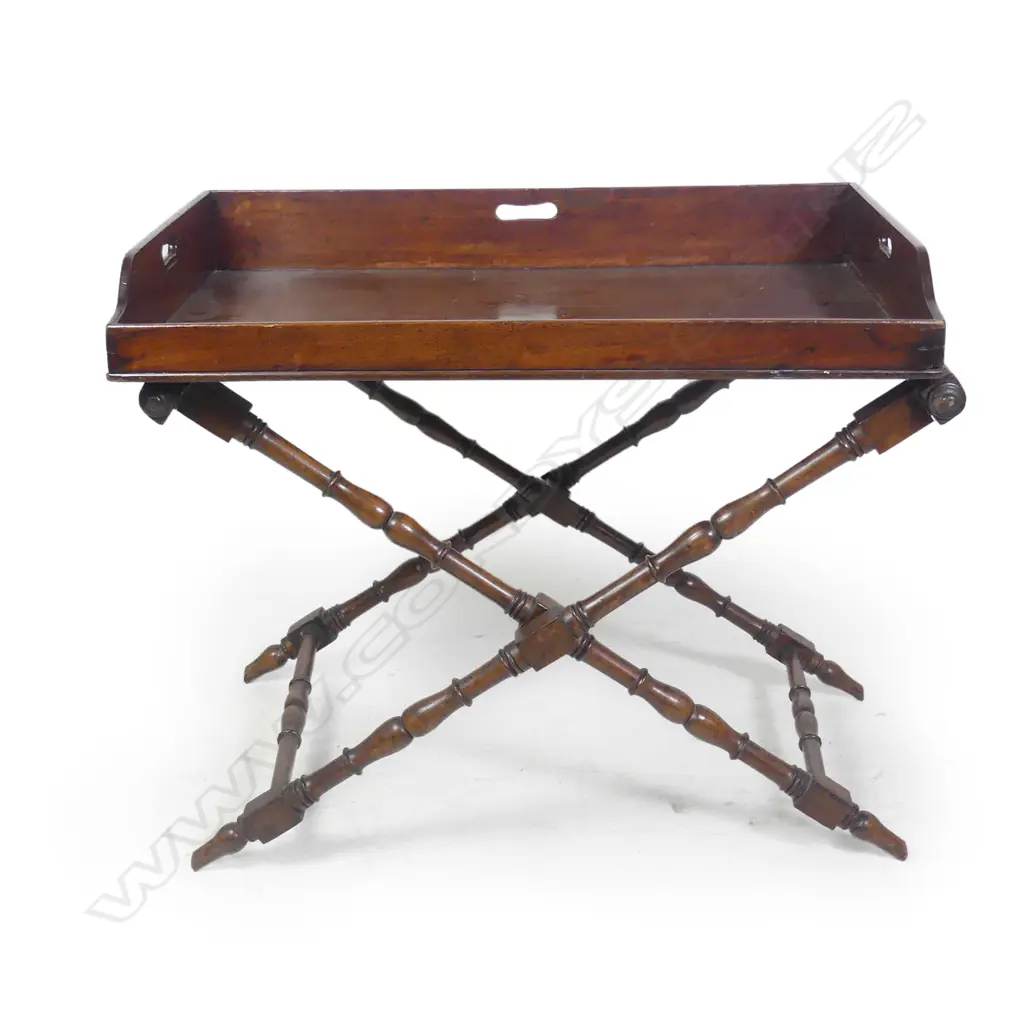 MAHOGANY BUTLERS TRAY TABLE W/ FOLDING BASE (NEEDS REPAIR) W. 770MM Image 1++