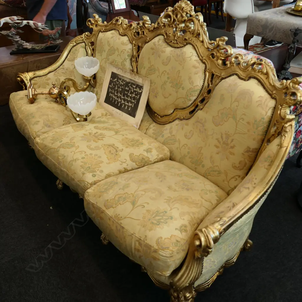 ORNATE GOLD THREE SEATER COUCH 2M L AF ONE ARM REQUIRES MINOR PAINT TOUCH UP Image 1++
