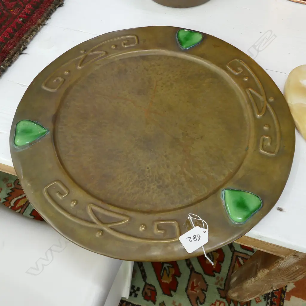 ARTS & CRAFTS EMBOSSED BRASS TRAY WITH PLAQUES Image 1++