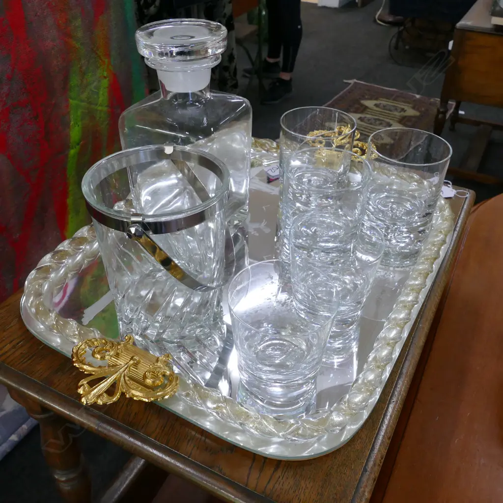MURANO STYLE GLASS TRAY, WHISKEY GLASSES SOME ORREFORS, ICE BUCKET, DECANTER Image 1++