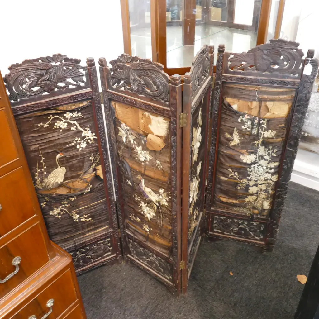 19THC ORIENTAL SCREEN WITH DISTRESSED EMBROIDERY  Image 1++