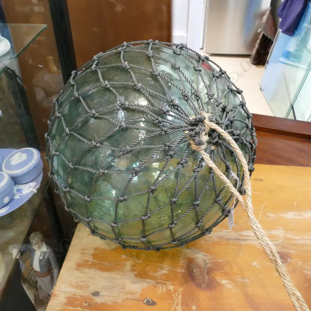 OLD LARGE GLASS FISHING FLOAT WITH NETTING Image 1++