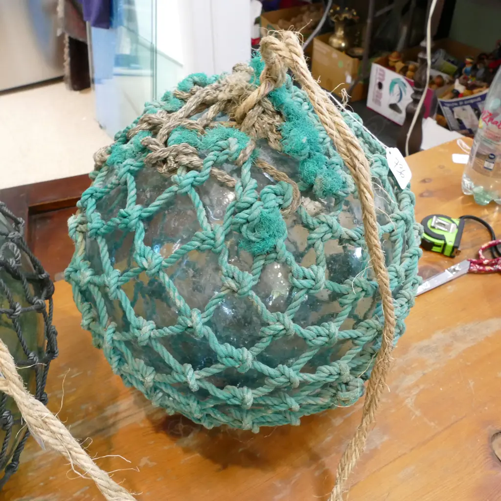 OLD LARGE GLASS FISHING FLOAT WITH NETTING Image 1++