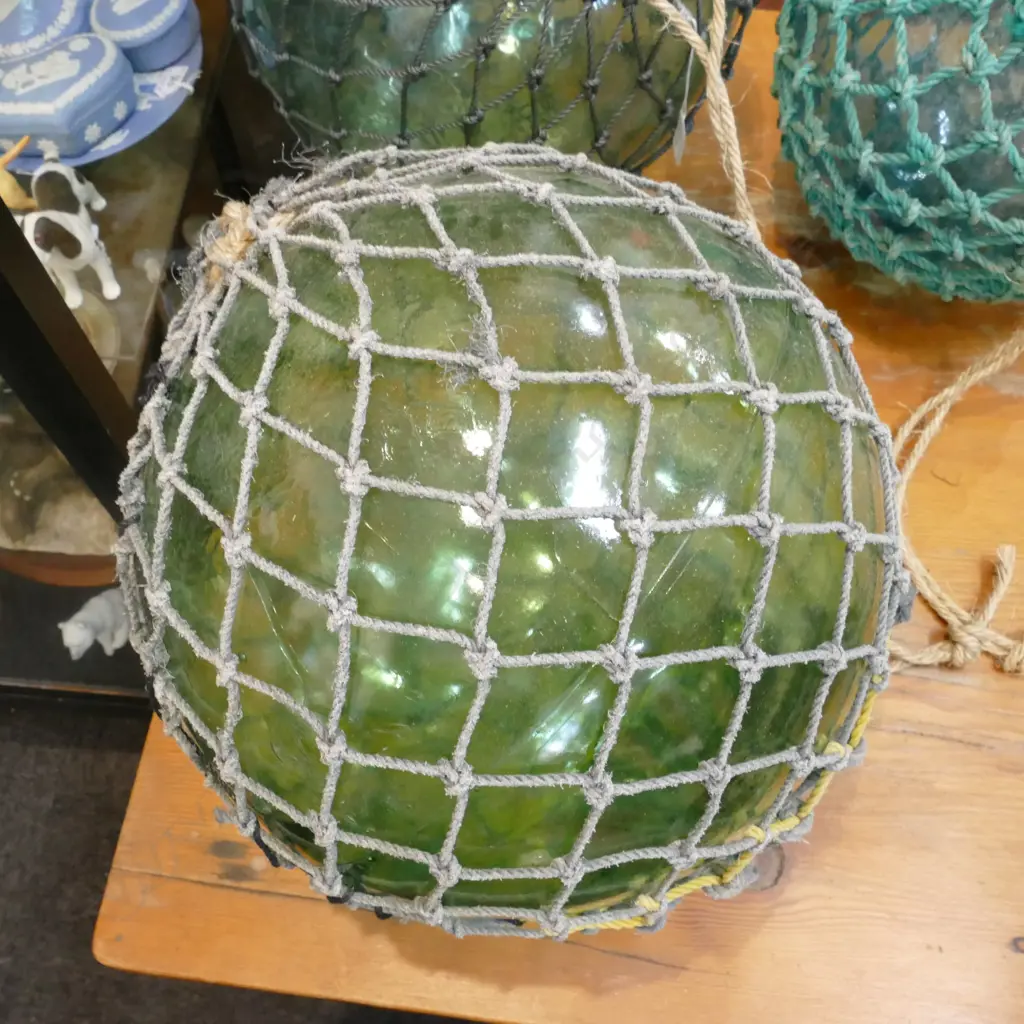 OLD LARGE GLASS FISHING FLOAT WITH NETTING Image 1++