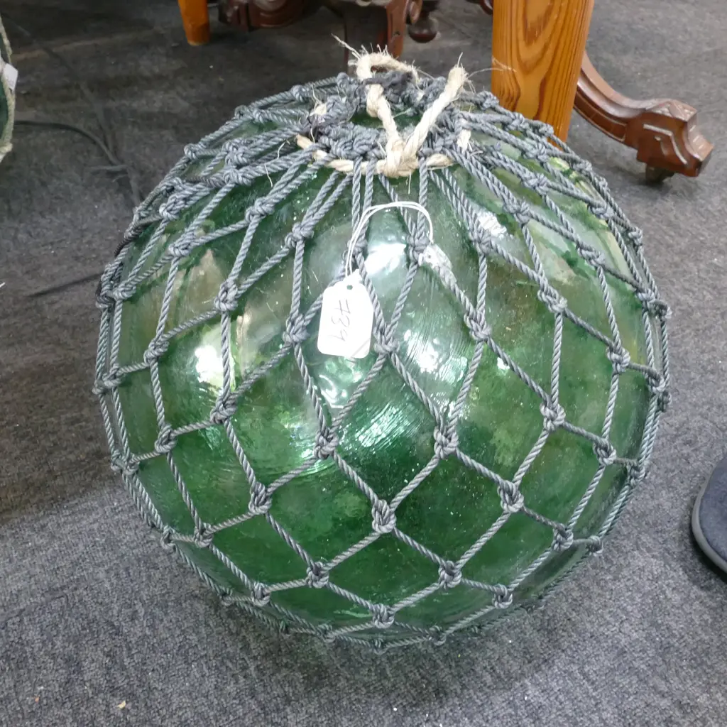 OLD LARGE GLASS FISHING FLOAT WITH NETTING Image 1++