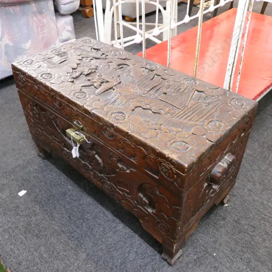 CARVED CAMPHOR CHEST 720MM W X 430MM H