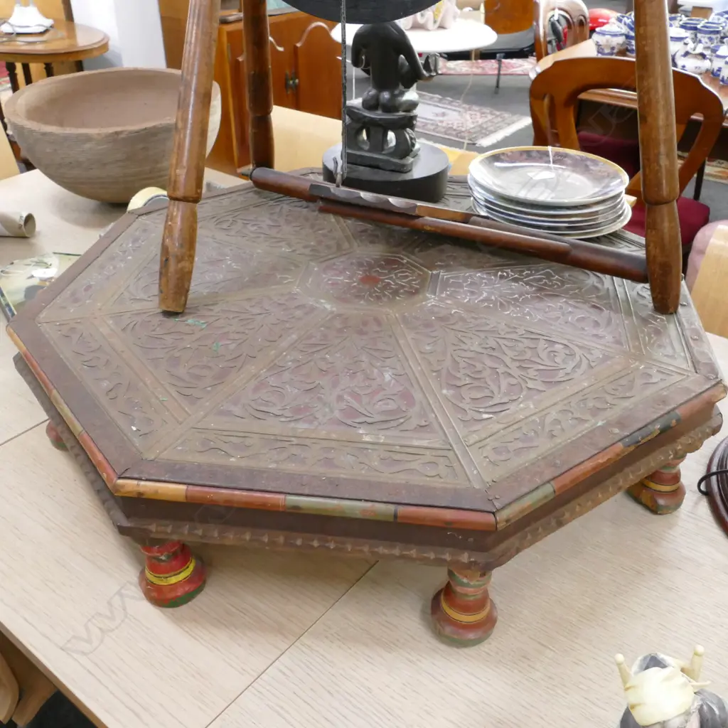 OCTAGONAL MIDDLE EASTERN LOW TABLE WITH BRASS FILLIGREE DETAIL 760MM DIA Image 1++
