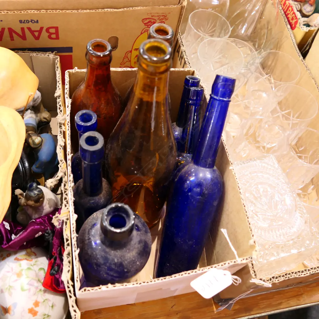 BOX LOT BLUE AND BROWN BOTTLES Image 1++