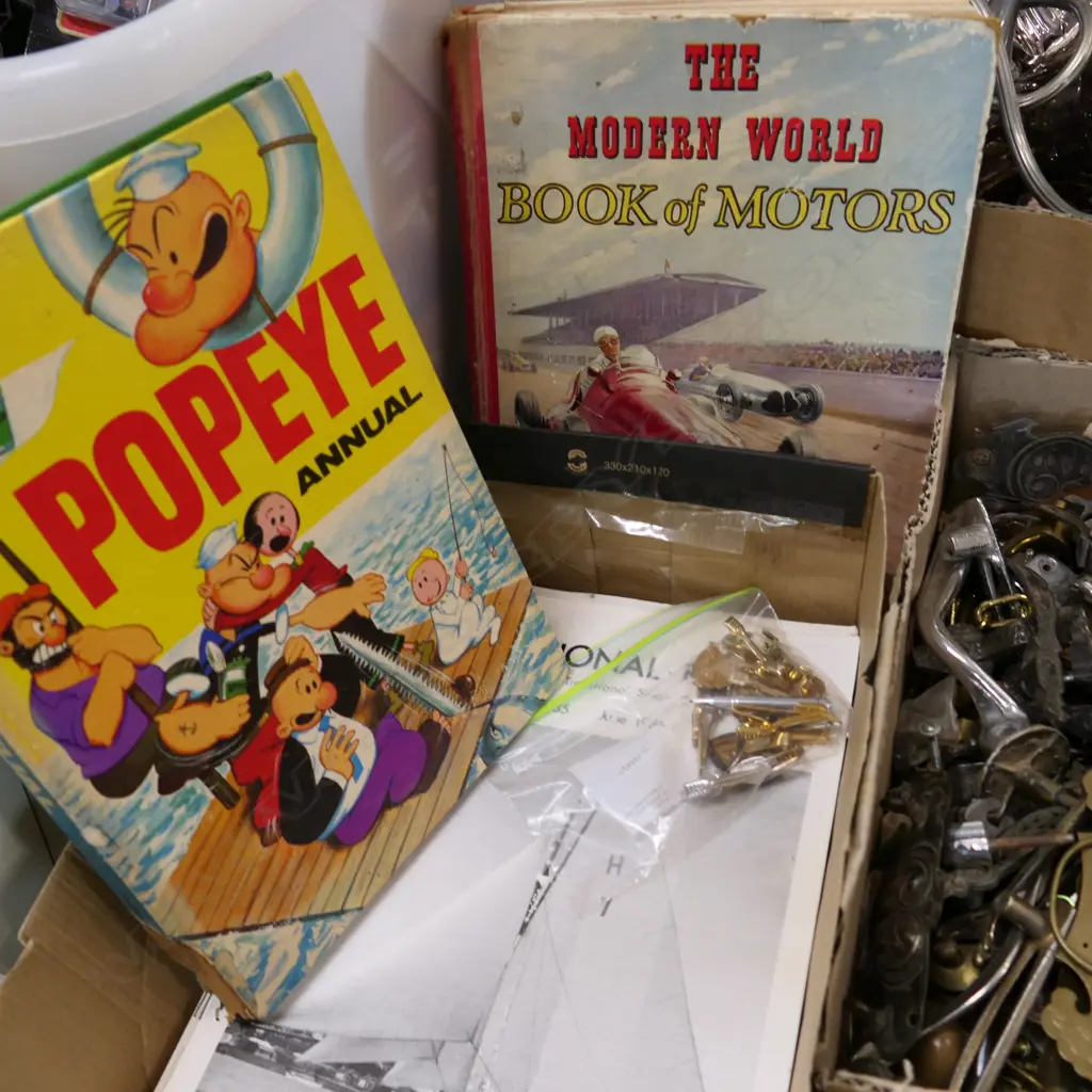 BOX LOT TRADITIONAL BOATS JOURNALS, 2 VINTAGE BOOKS - POPEYE AND MOTORS PLUS ASST. TIE PINS Image 1++