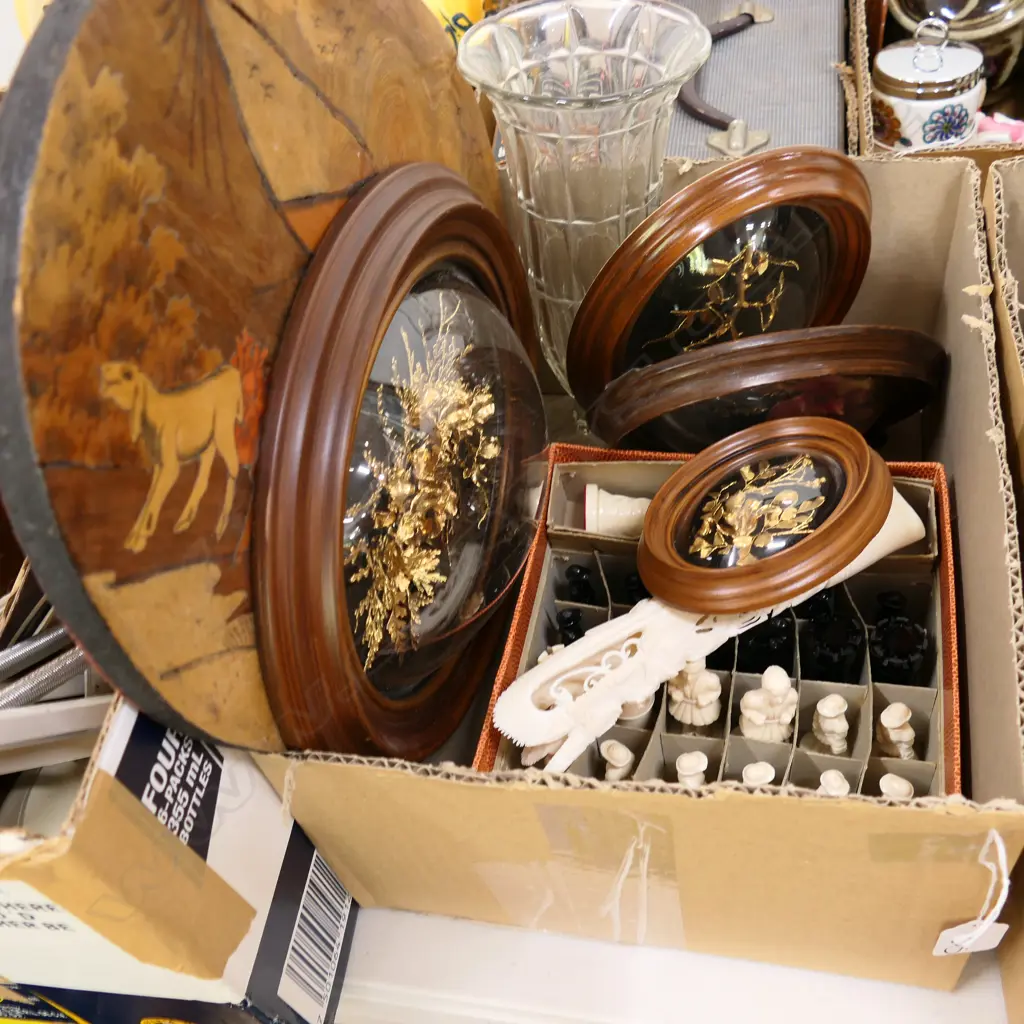 BOX LOT RESIN CHESS PIECES, BONE CARVING, WALL PLAQUES ETC Image 1++