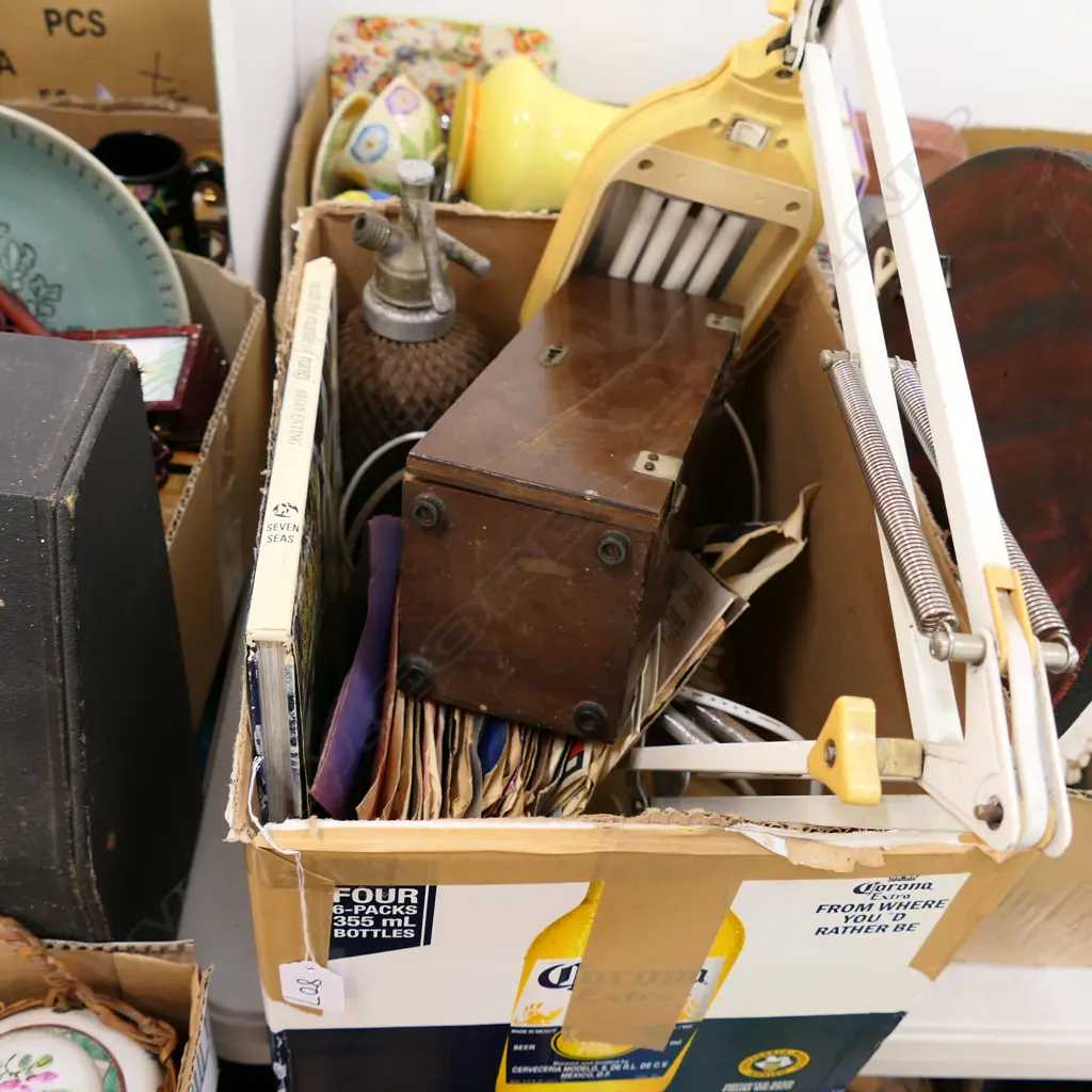 BOX LOT ANGLEPOISE LAMP, RECORDS, MICROSCOPE ETC Image 1++