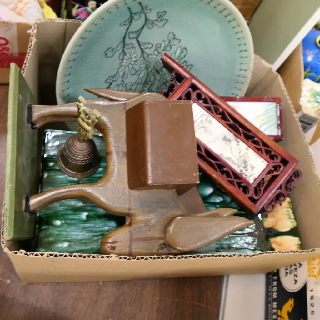 BOX LOT VASE, PLATE, WOODEN NOVELTY DONKEY CIGARETTE DISPENSER ETC Image 1++