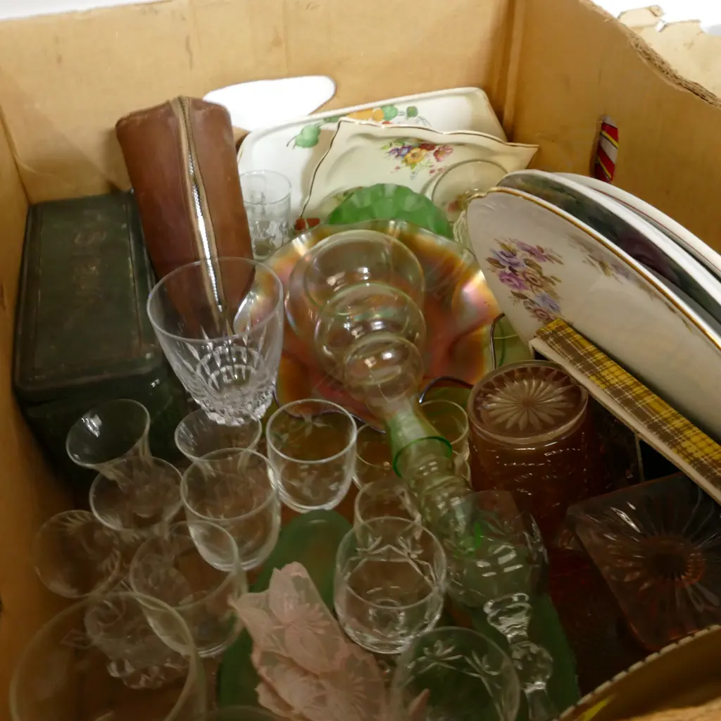 BOX LOT ASST. DEPRESSIONWARE GLASS, PLATES ETC Image 1++