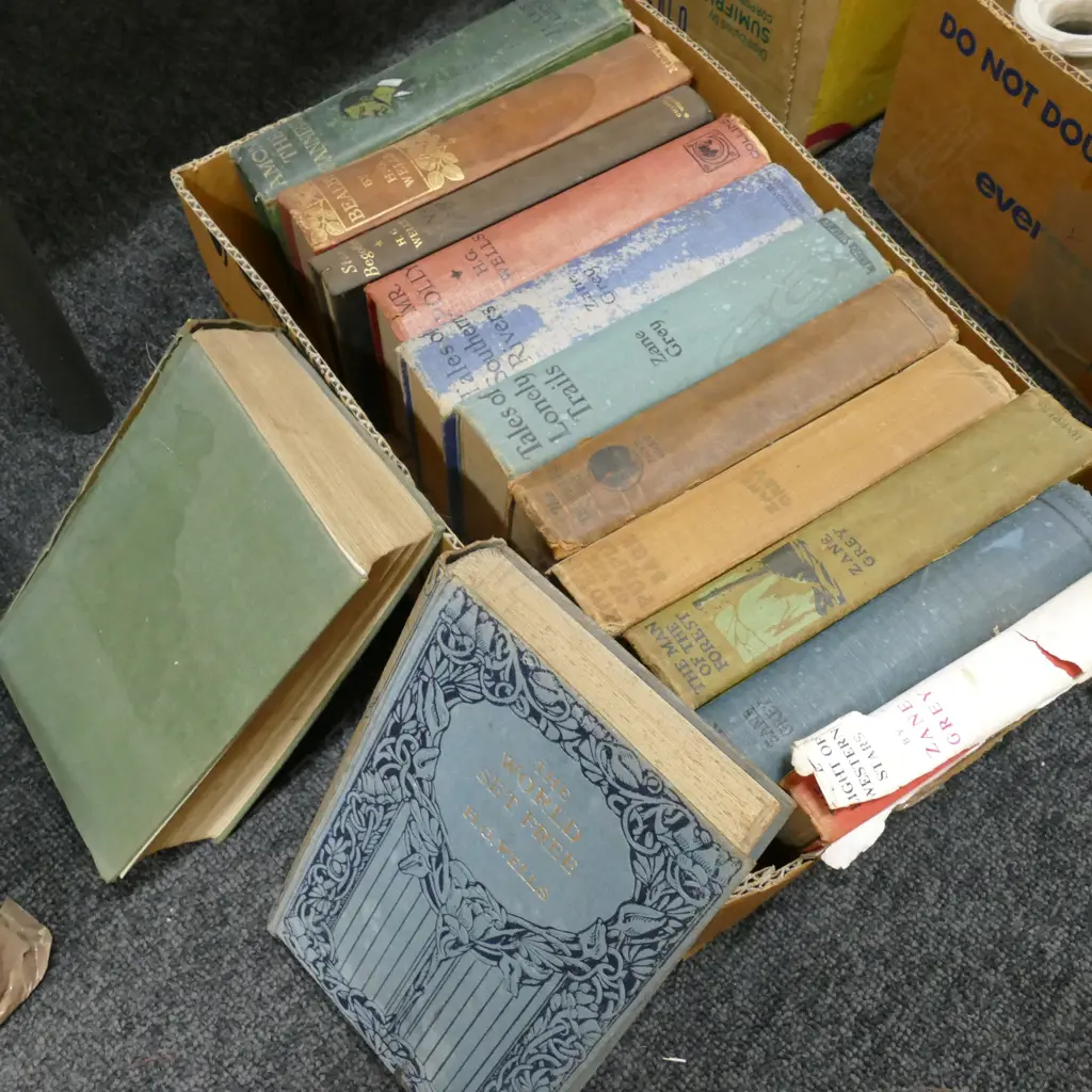 BOX LOT ZANE GREY/HG WELLS/JULES VERNE 13 BOOKS Image 1++