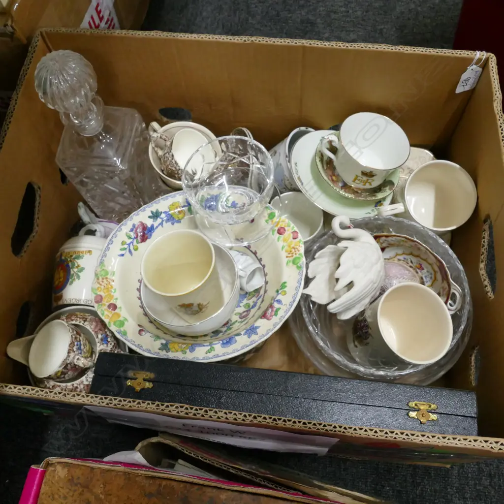 BOX LOT ASST ROYAL CHINA, DECANTER, CRYSTAL BOWLS ETC Image 1++
