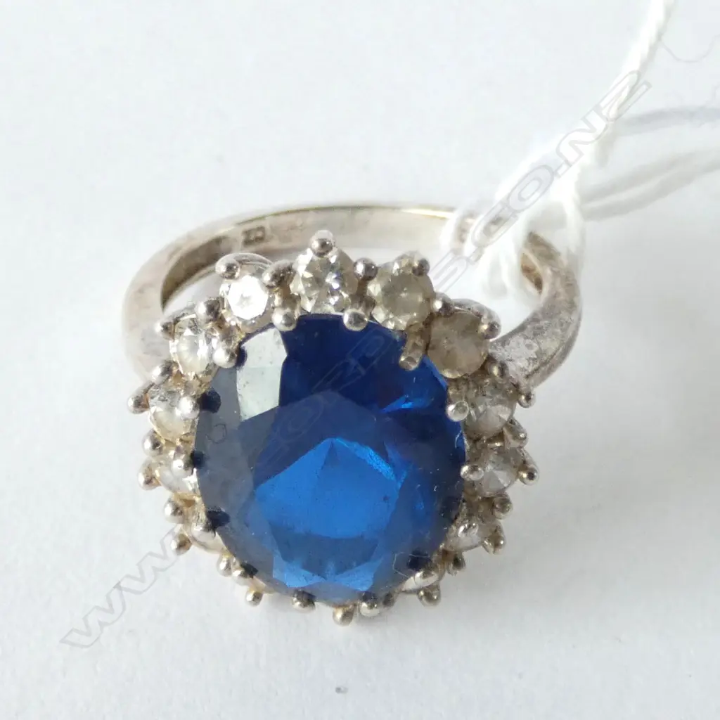 SYNTHETIC BLUE SPINEL & CZ'S IN 925 CLUSTER RING, TESTED Image 1++