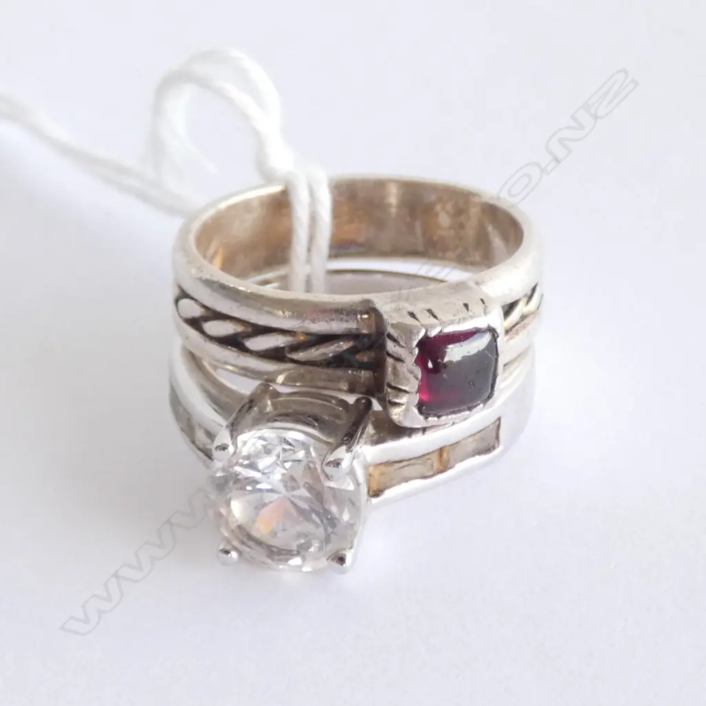 PAIR SILVER RINGS, 1 STG WITH STONE, 1 CZ. Image 1++