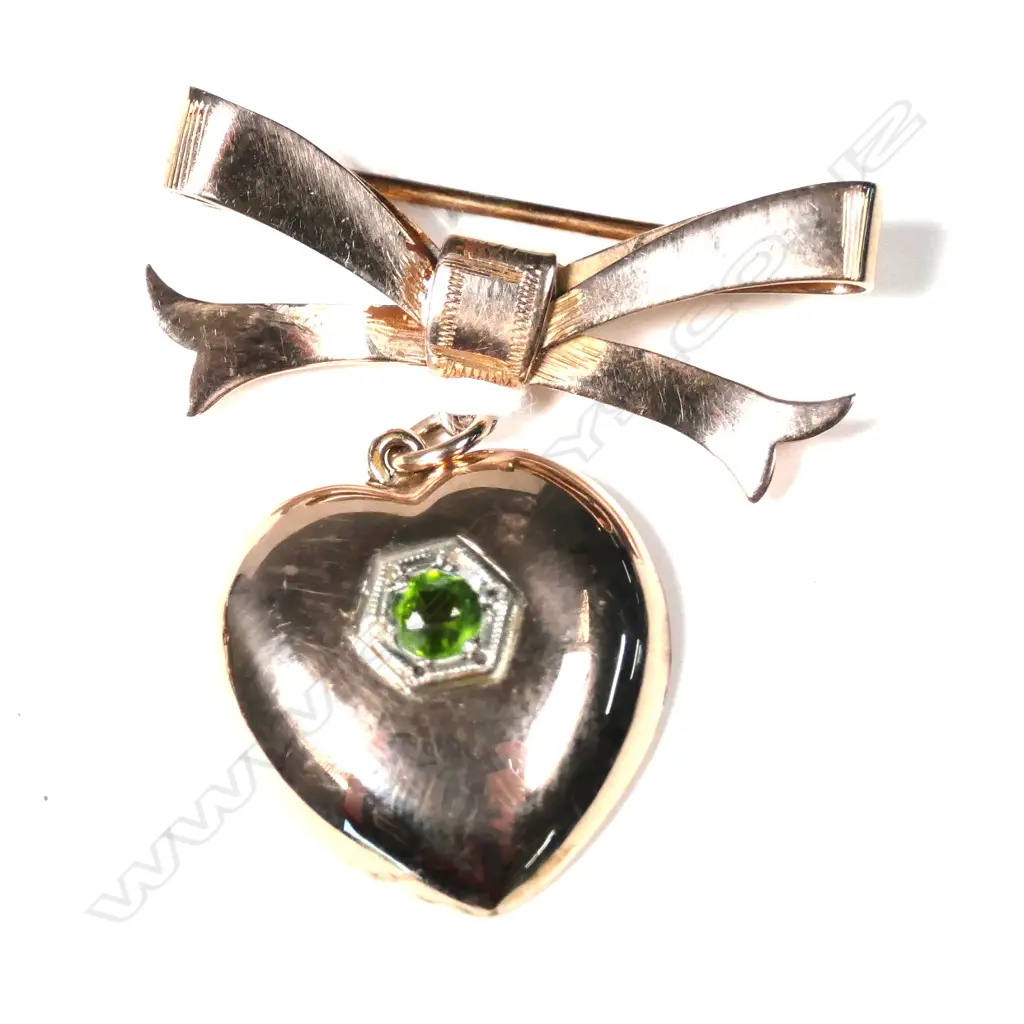 9ct ROSE GOLD HEART DROP FROM BOW BROOCH 5.4gms Image 1++