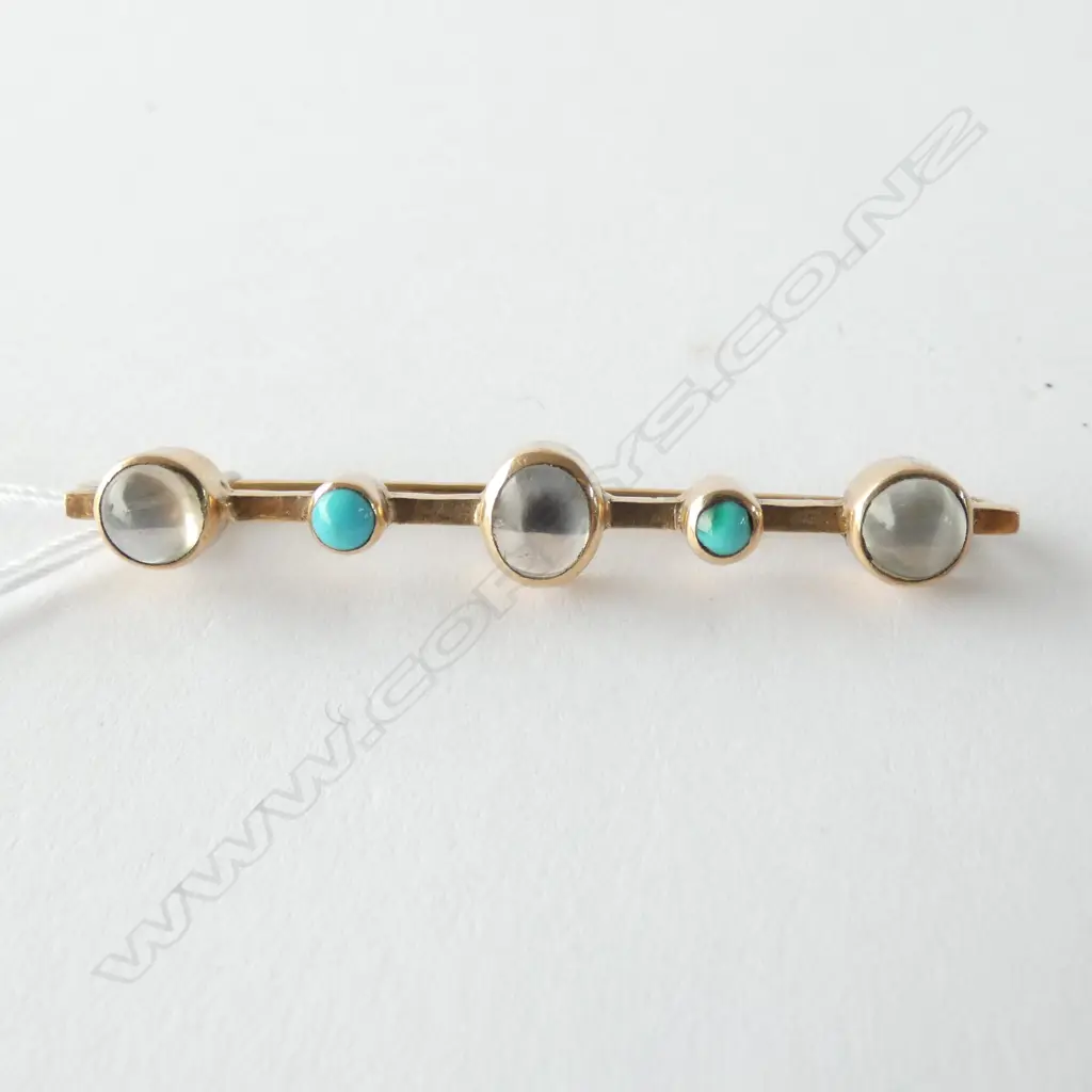 TURQUOISE & MOONSTONE 9CT GOLD STICK PIN BROOCH c1900 Image 1++