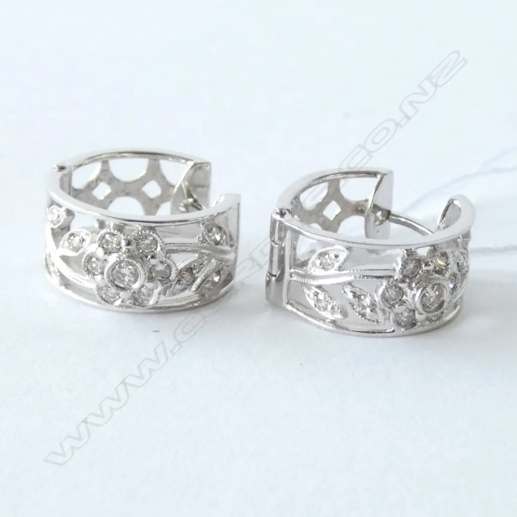 PAIR 9CT WHITE GOLD AND DIAMOND HOOP EARRINGS (ONE EARRING REQUIRES REPAIR) Image 1++