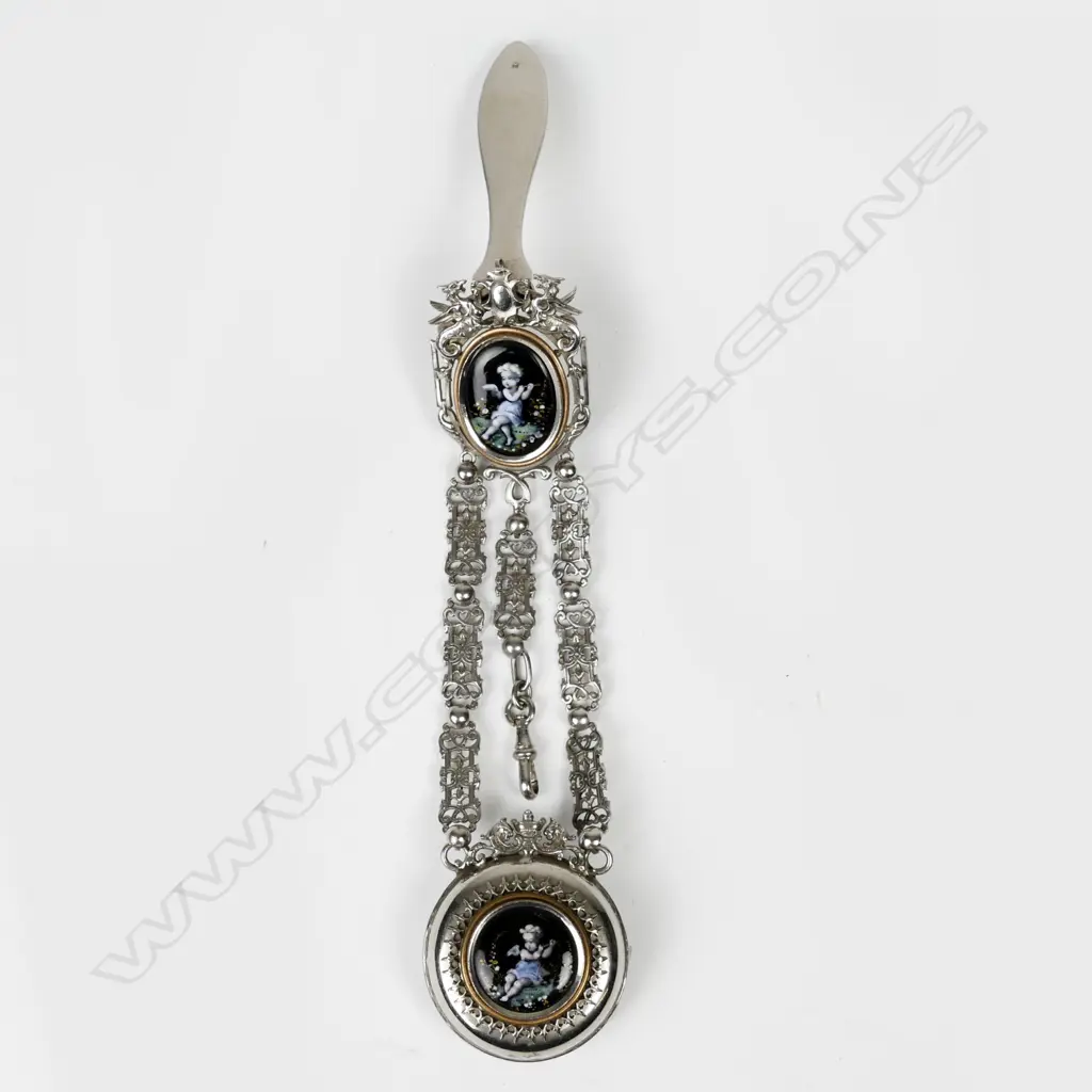 A 19thC French silver plate and enamel watch chatelaine Image 1++